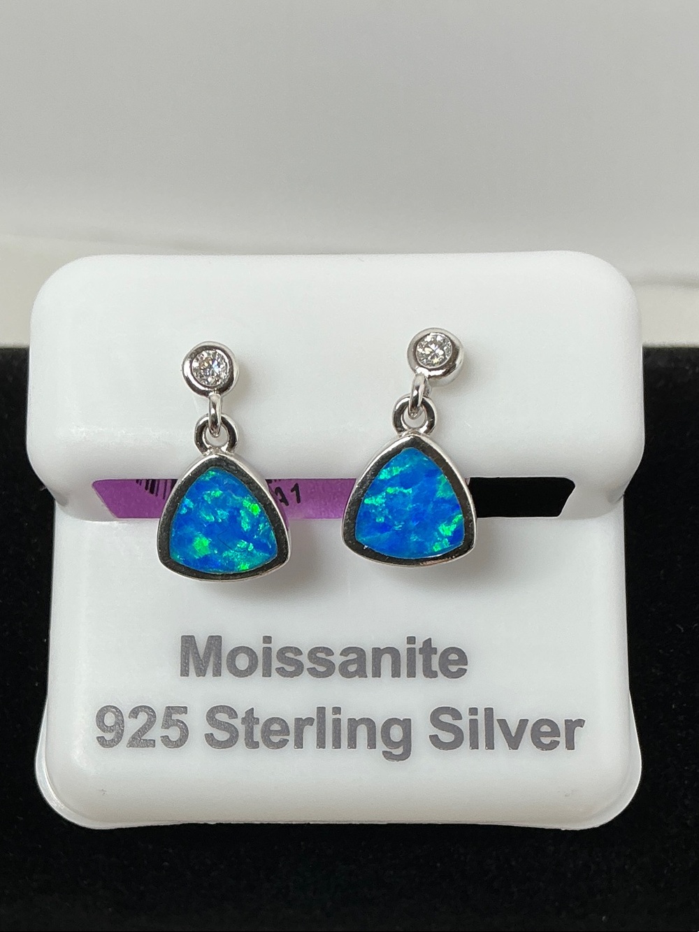 Sterling Silver Triangle Blue-Green Opal Drop Earrings with Moissanite